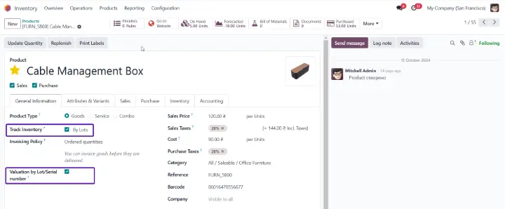 Lot/Serial Number Valuation inventory module odoo 18